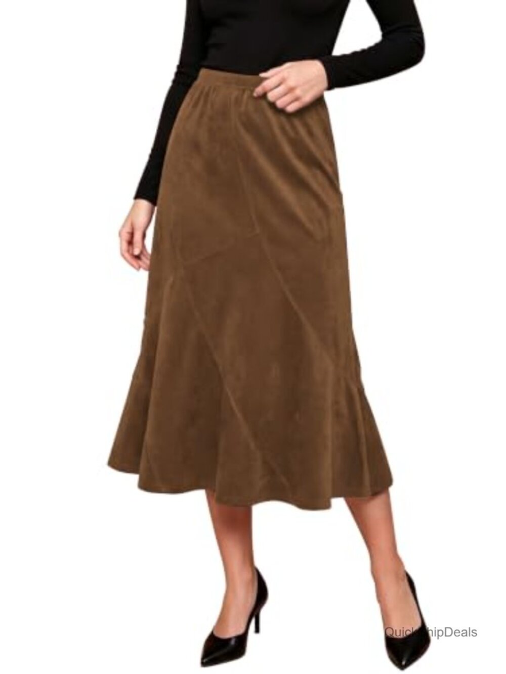 Faux Suede High Waisted A-Line Midi Skirt Pull-On Elastic Waist